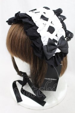 画像1: ATELIER PIERROT / Lace-up Frill Headdress  ブラック×ホワイト H-24-11-19-029-EL-AC-KB-ZH