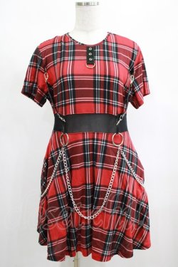 画像1: DEVIL FASHION / daily life cool girls mesh waist stretchy mid-length Scottish red plaid dress with chains 2XL 赤×黒 H-25-02-13-047-PU-OP-KB-ZY