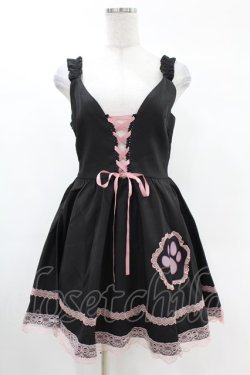 画像1: DARK IN LOVE / Cat feet lace up contrast strap dress XS ブラック×ピンク H-25-02-24-1015-PU-OP-KB-ZH