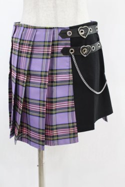 画像1: DARK IN LOVE / Punk purple checked splicing black pleated skirt S パープル×ブラック H-25-02-24-1002-PU-SK-KB-ZH