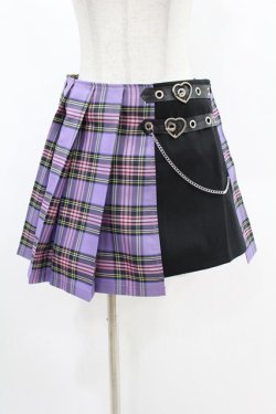 画像1: DARK IN LOVE / Punk purple checked splicing black pleated skirt M パープル×ブラック H-25-02-24-1003-PU-SK-KB-ZH