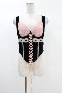 画像1: DARK IN LOVE / Doll black pink rose sexy lace up corset M ブラック H-25-02-24-1030-PU-TO-KB-ZH