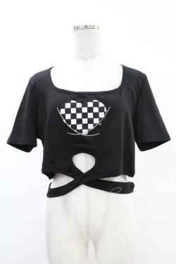 画像1: DARK IN LOVE / Punk locomotive check heart crop top XXL ブラック H-25-02-24-1033-PU-TO-KB-ZH