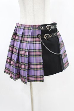 画像1: DARK IN LOVE / Punk purple checked splicing black pleated skirt M パープル×ブラック H-25-02-24-1004-PU-SK-KB-ZH