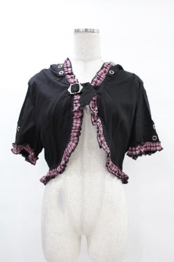 画像1: DARK IN LOVE / Gothic lolita pink plaid cat ear hoody cape XXL ブラック×ピンク H-25-02-24-1048-PU-TO-KB-ZH