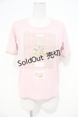 画像1: PINK HOUSE / マフラーくまさん＆スクエアチェック刺繍Tシャツ L ピンク I-24-07-05-049-LO-TO-HD-ZI