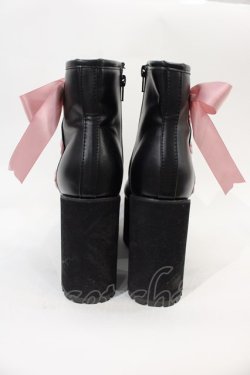 画像2: DearMyLove / Satin Ribbon Wedge Boots 22.5CM 黒Ｘピンク I-25-01-05-124-EL-SH-HD-ZI