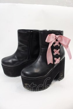 画像3: DearMyLove / Satin Ribbon Wedge Boots 22.5CM 黒Ｘピンク I-25-01-05-124-EL-SH-HD-ZI