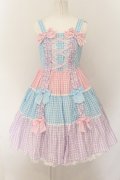 Angelic Pretty / ギンガム配色肩リボンジャンパースカート  サックス×ピンク×ラベンダー O-24-08-17-037-AP-OP-OW-OS