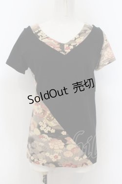 画像1: PEACE NOW / 和柄切り替えVネックTシャツ L ブラック×ベージュ O-24-09-25-013-PU-TO-IG-OS