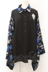 NieR Clothing / 着物風袖シャツ  ブラック×ブルー O-24-10-31-033-PU-BL-OW-ZT247