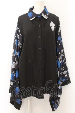 画像1: NieR Clothing / 着物風袖シャツ  ブラック×ブルー O-24-10-31-033-PU-BL-OW-ZT1103