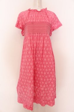 画像1: Jane Marple / Flower lace print smocking dress M ピンク O-25-02-07-043-JM-OP-OW-OS