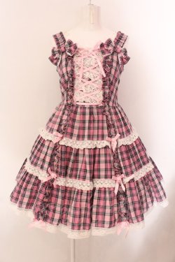 画像1: Angelic Pretty / タータンチェック 肩リボンジャンパースカート  ピンク O-25-02-11-014-AP-OP-IG-OS