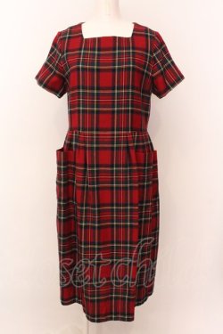 画像1: Jane Marple / Wool tartan check tablier dress ドレス M アカ O-25-02-23-041-JM-OP-IG-OS