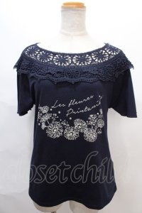 axes femme / 肩レースプリントTシャツ M 紺 Y-24-08-01-092-AX-TO-SZ-ZT360