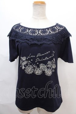 画像1: axes femme / 肩レースプリントTシャツ M 紺 Y-24-08-01-092-AX-TO-SZ-ZT360