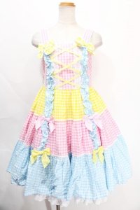 Angelic Pretty / ギンガム配色肩リボンジャンパースカート  サックス Y-24-10-13-067-AP-OP-SZ-ZY