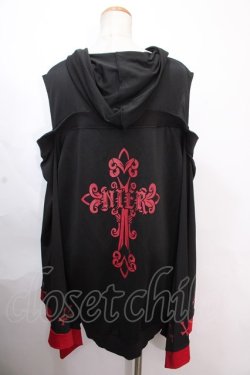 画像2: NieR Clothing / 着物袖風フロントジップオフショルパーカー F 黒×赤 Y-24-11-30-064-PU-TO-SZ-ZY