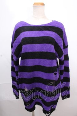 画像1: NieR Clothing / UNISEX STRIPE DAMAGE SWEATER F 黒×紫 Y-24-12-12-048-PU-TO-SZ-ZY