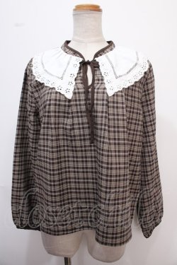 画像1: axes femme POETIQUE / レース襟チェックレトロブラウス M 茶 Y-25-02-13-076-AX-BL-SZ-ZY