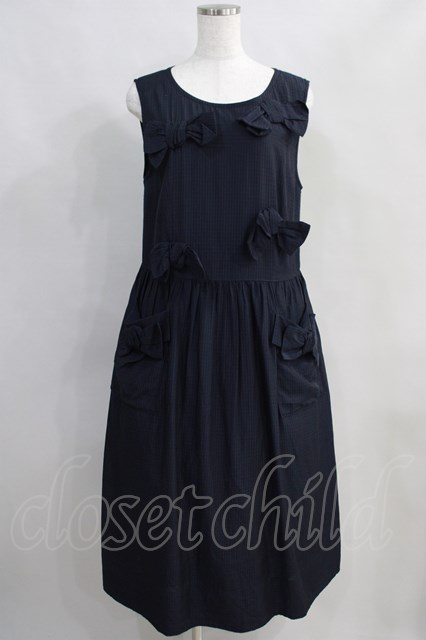 Jane Marple / Dobby cloth front ribbon dress M ネイビー H-24-07-10-1041-JM-OP-SK-ZH