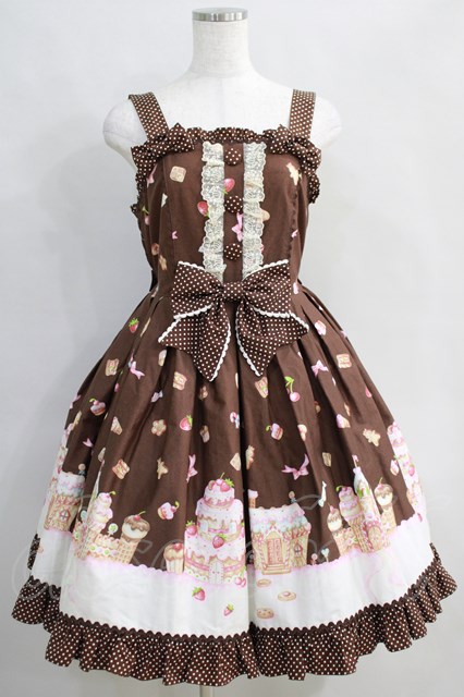 Angelic Pretty / お菓子の国シャーリングジャンパースカート Free ブラウン H-24-08-11-1001-AP-OP-NS-ZH