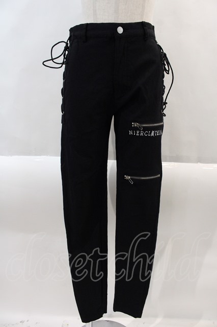 NieR Clothing / 高品質SIDE BRAID×2FAKE ZIP STYLISH PANTS ブラック I-24-08-30-062-PU-PA-HD-ZI