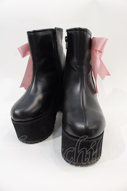 DearMyLove / Satin Ribbon Wedge Boots 22.5CM 黒Ｘピンク I-25-01-05-124-EL-SH-HD-ZI