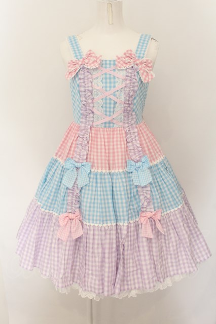 Angelic Pretty / ギンガム配色肩リボンジャンパースカート サックス×ピンク×ラベンダー O-24-08-17-037-AP-OP-OW-OS