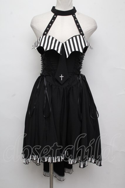 DARK IN LOVE / Black cross necktie striped prom high low dress ワンピース 黒ｘ白 S-24-08-20-066-PU-OP-AS-ZS