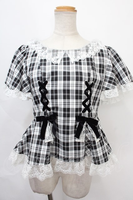 mille fille closet by LODISPOTTO / 刺しゅうレース衿チェック柄トップス M 黒 Y-24-08-28-085-LO-TO-SZ-ZY