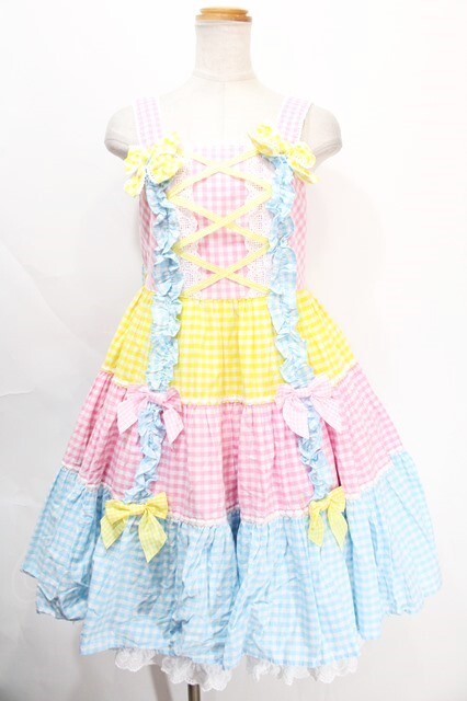 Angelic Pretty / ギンガム配色肩リボンジャンパースカート サックス Y-24-10-13-067-AP-OP-SZ-ZY