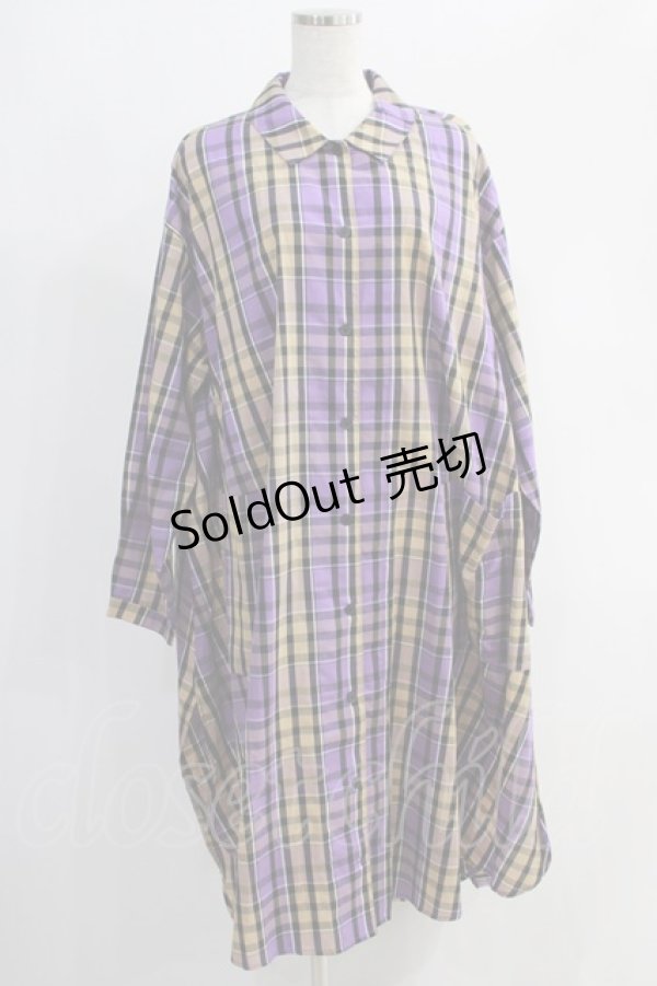 画像1: Candy Stripper / FLARE CHECK SHIRTワンピース S パープル H-24-10-27-1054-PU-OP-KB-ZH (1)