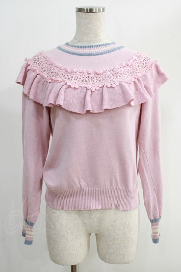 画像1: Jane Marple / Lace trimming cricket sweater  ピンク H-24-11-25-067-JM-TO-KB-ZH (1)