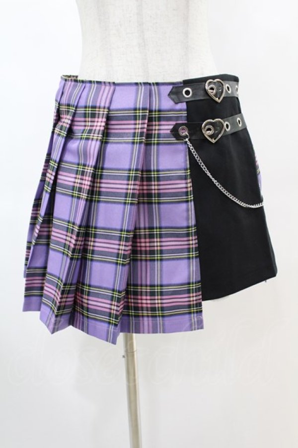 画像1: DARK IN LOVE / Punk purple checked splicing black pleated skirt M パープル×ブラック H-25-02-22-1006-PU-SK-KB-ZH (1)