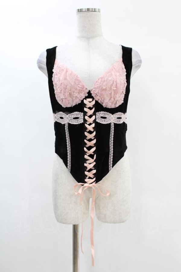 画像1: DARK IN LOVE / Doll black pink rose sexy lace up corset M ブラック H-25-02-24-1030-PU-TO-KB-ZH (1)