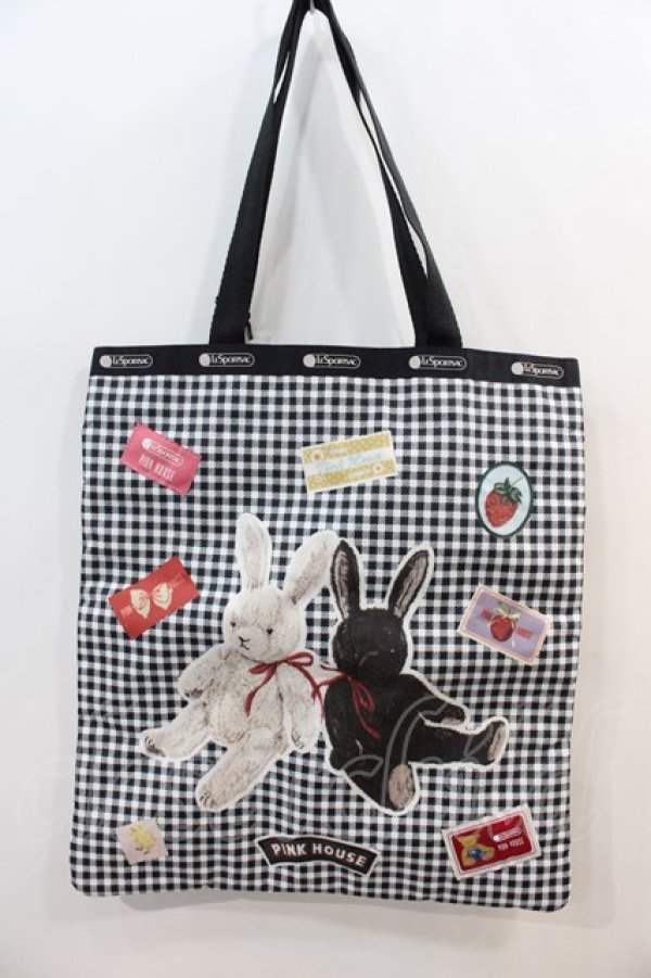 画像2: PINK HOUSE / LARGE EMERALD TOTE PH Gingham Check Rabbits  黒 I-24-12-07-108-LO-BG-HD-ZI (2)