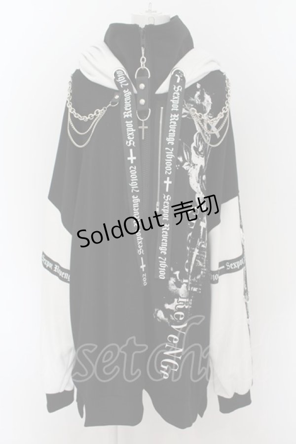 画像1: SEX POT ReVeNGe / BONDAGE SLEEVE HIGH NECK BIG ZIP　パーカー F ブラック×ホワイト O-24-08-13-020-SP-TO-OW-OS (1)