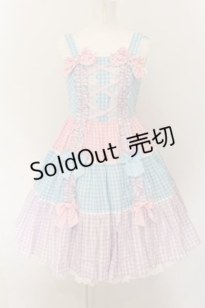 画像: Angelic Pretty / ギンガム配色肩リボンジャンパースカート  サックス×ピンク×ラベンダー O-24-08-17-037-AP-OP-OW-OS