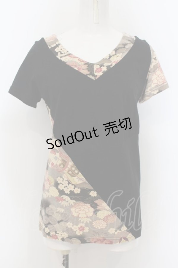 画像1: PEACE NOW / 和柄切り替えVネックTシャツ L ブラック×ベージュ O-24-09-25-013-PU-TO-IG-OS (1)