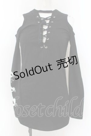 画像: NieR Clothing / フロントレースアップオフショルカットソー  ブラック O-24-11-30-095-PU-TO-OW-OS