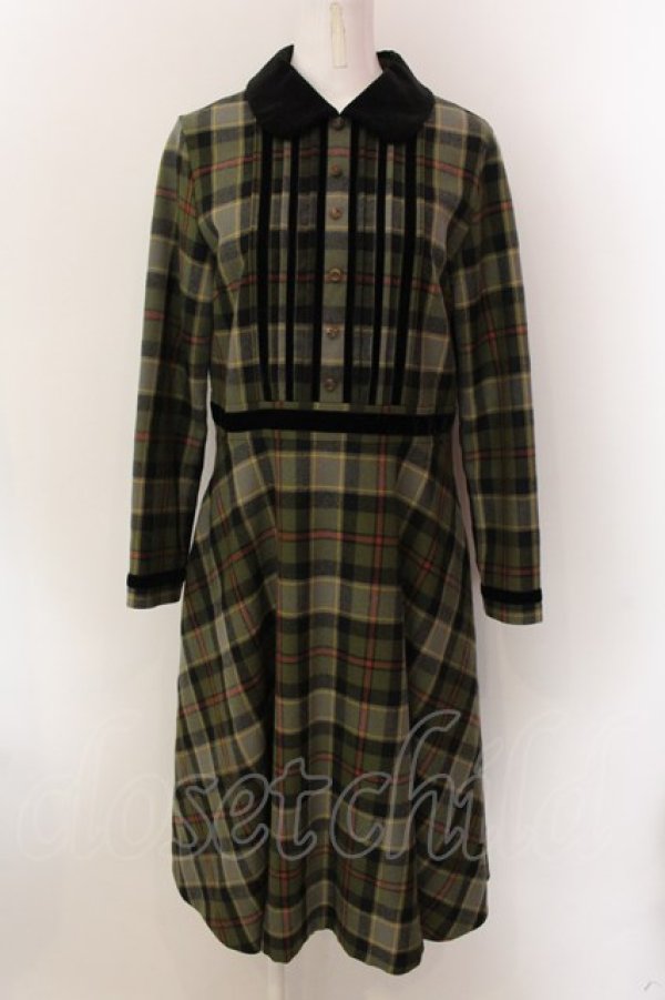 画像1: Jane Marple / Tartan check velvet trimming dress ドレス M グリーン O-25-01-25-080-JM-OP-IG-OS (1)