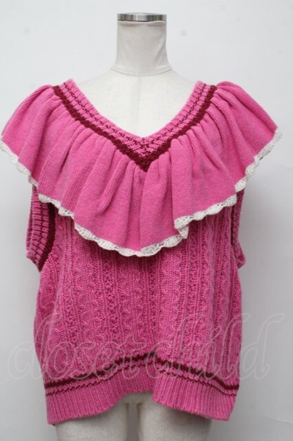 画像1: Candy Stripper / FRILL CABLE KNIT VEST  ピンク S-24-08-08-001-PU-TO-AS-ZS (1)