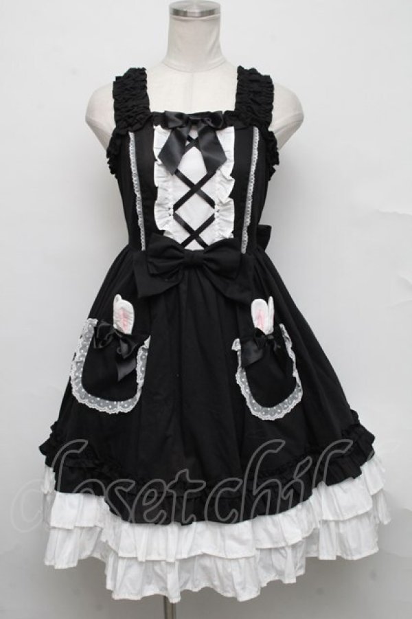 画像1: Angelic Pretty /  Lovely Bunnyジャンパースカート＆カチューシャ  黒ｘ白 S-24-09-09-067-AP-OP-AS-ZS (1)