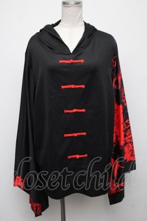 画像: NieR Clothing / フェイクチャイナボタン付き STRETCH PULLOVER 着物風袖【彼岸花】  黒 S-24-10-22-050-PU-TO-HR-ZS