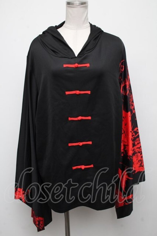 画像1: NieR Clothing / フェイクチャイナボタン付き STRETCH PULLOVER 着物風袖【彼岸花】  黒 S-24-10-22-050-PU-TO-HR-ZS (1)