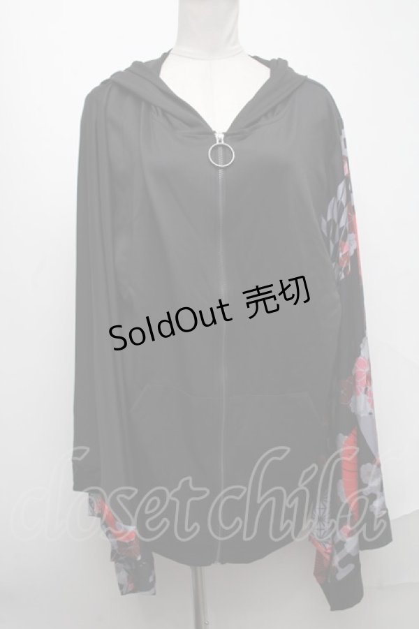 画像1: NieR Clothing / 切替転写プリント着物袖パーカー  黒ｘ赤 S-25-01-22-051-PU-TO-HR-ZS (1)