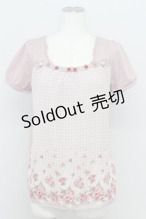 画像: axes femme / バラ×チェックトップス M 淡ピンク T-24-07-12-005-AX-TO-SZ-ZT247