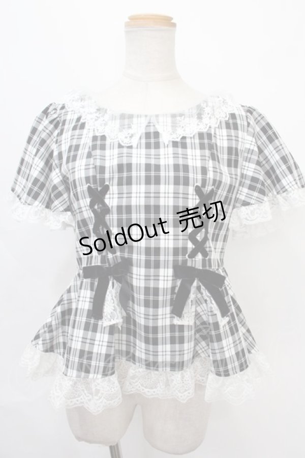 画像1: mille fille closet by LODISPOTTO / 刺しゅうレース衿チェック柄トップス M 黒 Y-24-08-28-085-LO-TO-SZ-ZY (1)